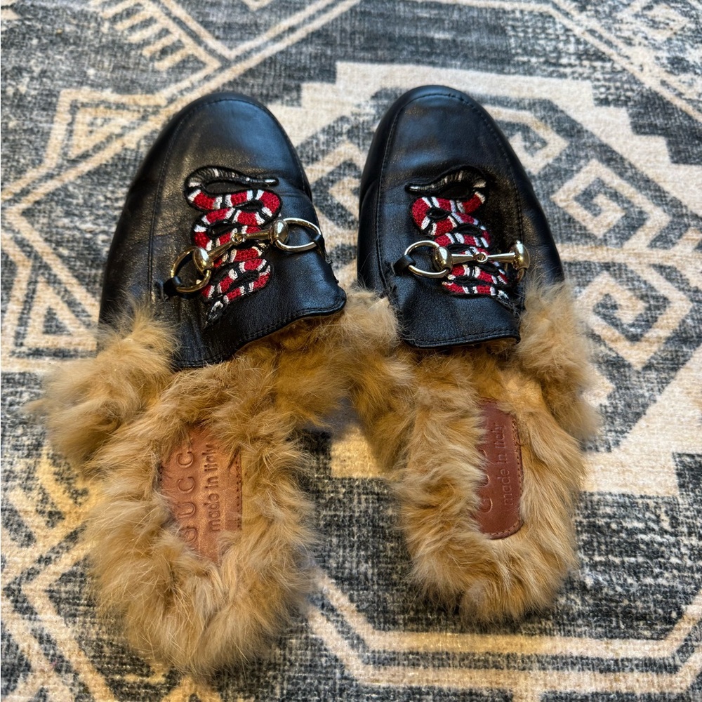 Black and Brown Mules with Fur Trim sz 40
